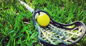 a women's lacrosse stick laying in grass with a standard regulated equipment lacrosse ball in the pocket