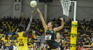 girl in green blocking shot by girl in yellow netball basic equipment ball and net hanging of a pole